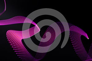 Pink and purple neon flowing wave of light as trail with dotted stripes on black background, pattern.