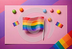 a pink and purple poster with arainbow flag and candy