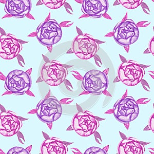 Pink and purple roses with leaves,  hand painted watercolor illustration, seamless pattern design on soft blue