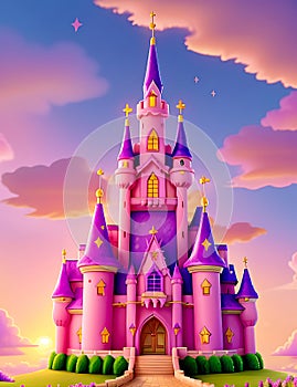 pink and purple sky blue sparkles sunset castle in the clouds. generative AI