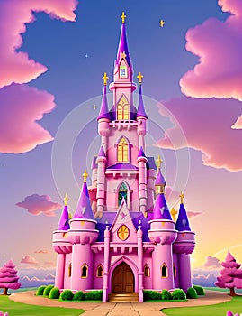 pink and purple sky blue sparkles sunset castle in the clouds. generative AI