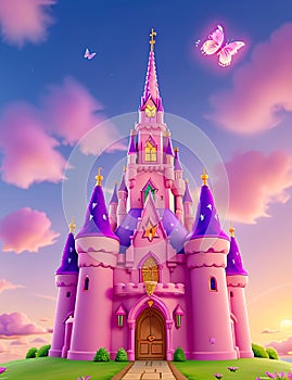 pink and purple sky blue sparkles sunset castle in the clouds. generative AI