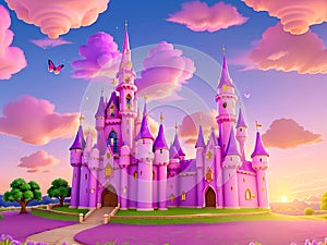 pink and purple sky blue sparkles sunset castle in the clouds. generative AI