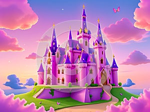 pink and purple sky blue sparkles sunset castle in the clouds. generative AI