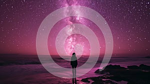 A pink and purple spacescape. Small silhouette of a human man on the background of the starry sky. Concept of infinity of the