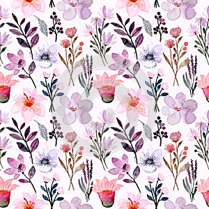 pink purple wild flower watercolor seamless pattern