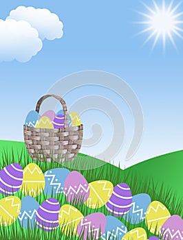 Pink purple yellow and blue easter eggs and basket with green grass hills