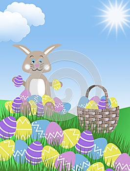 Pink purple yellow and blue easter eggs, bunny and basket with green grass hills blue sky and clouds background illustration with