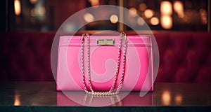 pink purse with chain and clasp on the table,