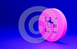 Pink QR code sample for smartphone scanning icon isolated on blue background. Minimalism concept. 3D render illustration