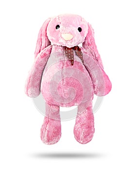 Pink rabbit doll with big ears isolated on white background. Cute stuffed animal and fluffy fur for kids