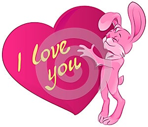 Pink rabbit embraces the heart. I love you