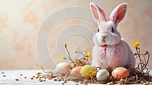 Pink rabbit surrounded by easter eggs and flowers in a cozy nest