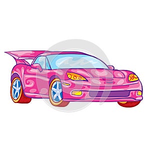 Pink racing car with driver inside, toy, isolated object on a white background, vector illustration