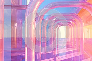 Pink, rainbow, neon abstract tunel in the style of cinematic sets, muted surrealism, vibrant glasswork studies