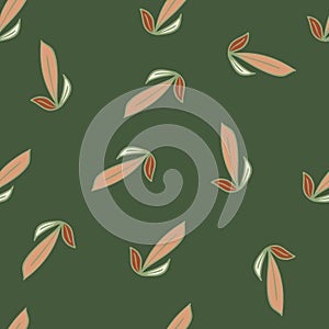 Pink random leaf outline shapes seamless pattern. Green background. Nature botanic backdrop