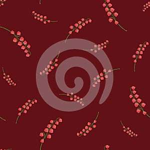 Pink random lily of the valley print seamless doodle pattern. Maroon dark background. Spring flowers backdrop
