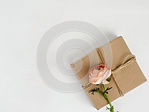 Pink ranunculus withcraft gift box, white background