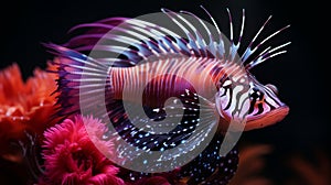 Pink Rare striped spiny fish species in ocean, marine inhabitants among the corals, Exotic Aquarium