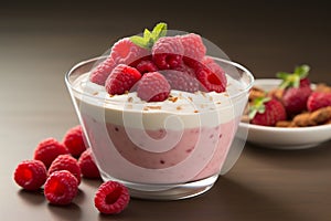 Pink raspberry, yogurt, bowl, smoothie with berries. Milk product. Yogurt with fresh raspberries and mint in a glass