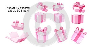 Pink realistic 3d gift boxes with bow set. Holiday open surprise box. Realistic vector for valentine's day