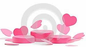 Pink realistic heart shaped podium for valentine`s day product display presentation with decorative falling paper hearts