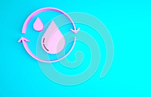 Pink Recycle clean aqua icon isolated on blue background. Drop of water with sign recycling. Minimalism concept. 3d