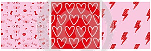 Pink-Red Abstract Doodle Square Seamless Vector Patterns with Hearts, Thunderbolts, Eyes and Lips.