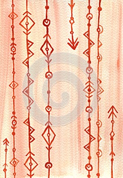 Pink and red abstract Indian arrows. Watercolor seamless texture. Hand painted background