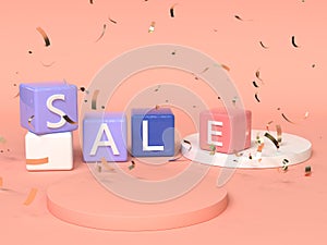 Pink red blue abstract geometric shape scene 3d rendering advertising sale text