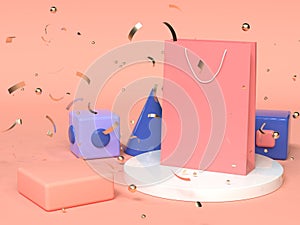 Pink red blue abstract geometric shape scene 3d rendering pink paper bag shopping advertising