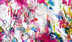 Pink red blue white gold vivid bright watercolor paint acrylic abstract background, texture and strokes of brush