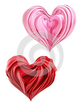 Pink and Red Classy 3D Heart Shaped Icons of Drapery Satin Fabric on Transparent Background