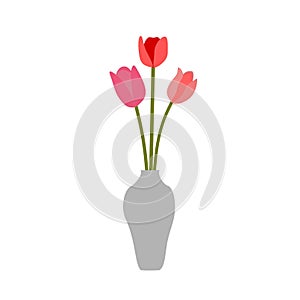 Pink Red Flowers Tulips Vase Isolated On White Background