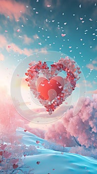 Pink and red heart made of flowers and small hearts over snow. Heart as a symbol of affection and love