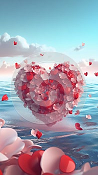 Pink and red heart made of flowers and small hearts over water. Heart as a symbol of affection and love