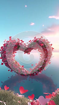 Pink and red heart made of flowers and small hearts over water. Heart as a symbol of affection and love