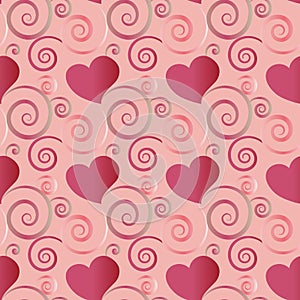 Pink and red hearts and flourish seamless pattern in a festive design