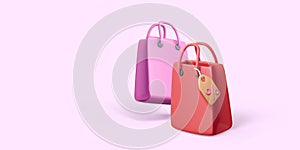 Pink and red paper shopping bags with price tag in 3D realistic style