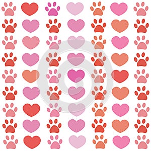Pink and red paw print with hearts pattern. Happy Valentine`s day