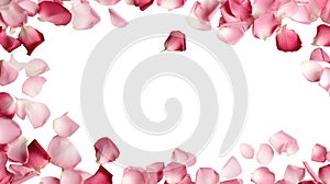 Pink and red rose roses flower petals scattered flat lay composition top view on transparent background cutout, PNG