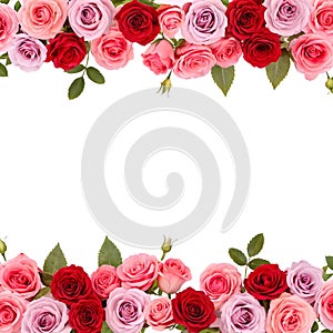 Pink and red roses border seamless tile isolated on transparent background photo