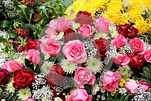 Pink and red roses bouquet with variety of flowers ,  beautiful natural background