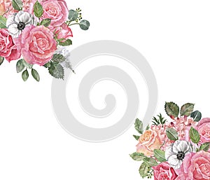 Pink and red roses floral frame for cards. Watercolor hand painted blush pink flowers on white background. Spring illustration.