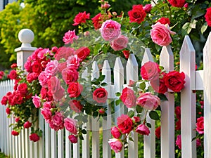 Pink and red roses in front of a white picket fence