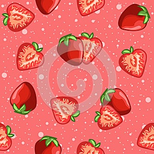 Pink red seamless pattern of strawberries and fruit slices. Tropical and exotic berries for summer season, vitamin C and nutrition