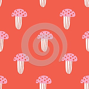 Pink and red seamless repeat cute doodle mushroom vector seamless pattern