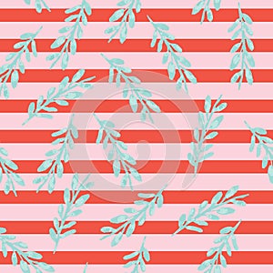 Pink and red stripes with hand painted green leaves seameless pattern.