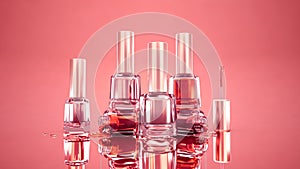 Pink, red stylish background with bottles of nail polish. Fashion, makeup, manicure, beauty