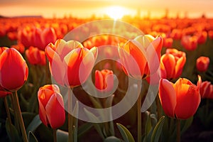 pink red tulips during sunset, tulip field in the Netherlands, beautiful sunset colors with spring flowers. banner